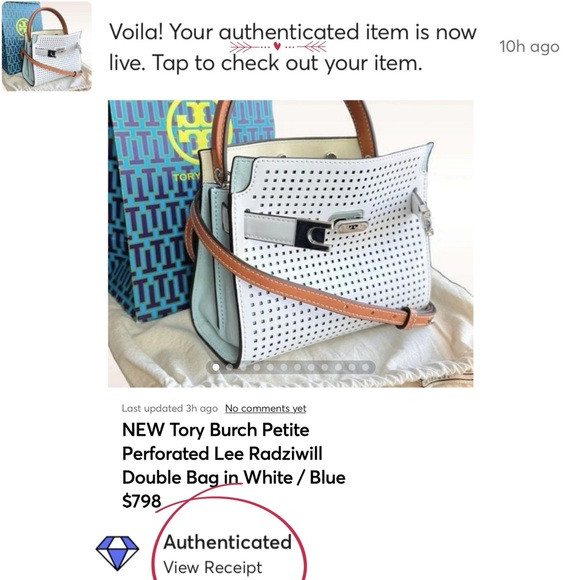 AUTHENTICATED NEW Tory Burch Petite Perforated Lee Radziwill Double Bag $798 - Picture 4 of 17